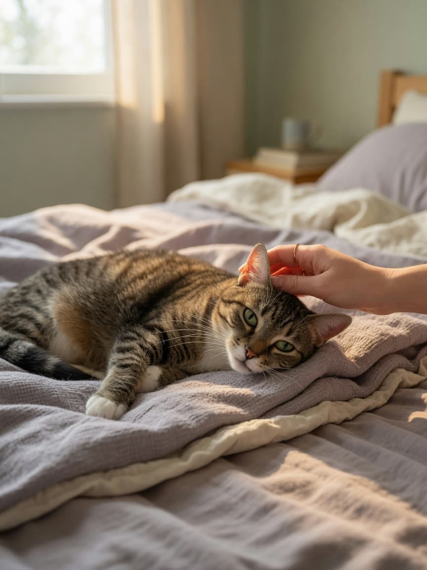 Cat with dilated pupils and flushed ears being checked for fever by owner's hand