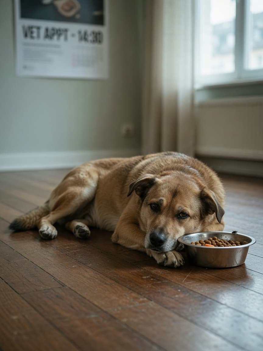 A depressed dog lying listlessly on the floor beside an untouched food bowl, showing signs of canine depression through body language and withdrawn demeanor