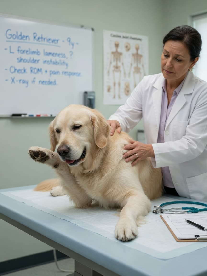 Veterinarian examining a limping golden retriever's front leg on an examination table to assess pain and injury