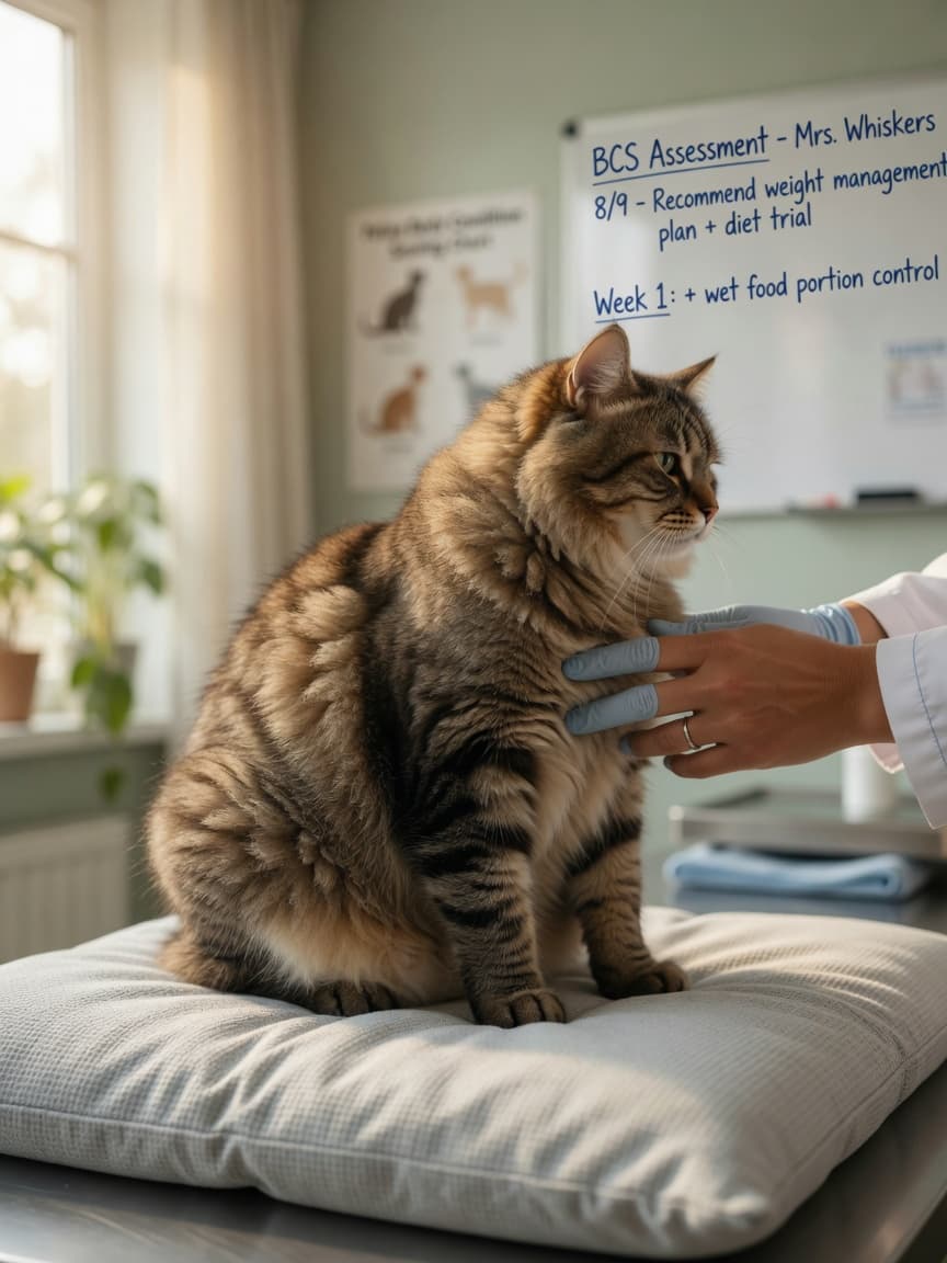 Veterinarian examining an overweight tabby cat's body condition by gently feeling its ribcage during a health assessment
