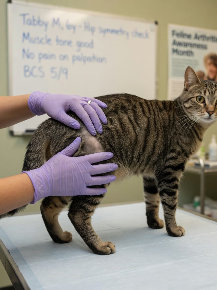 Veterinarian examining a cat's rear quarters and hind legs during health check