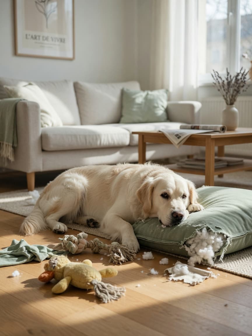 A bored Golden Retriever lying near shredded sofa cushion and scattered stuffing, looking withdrawn and frustrated