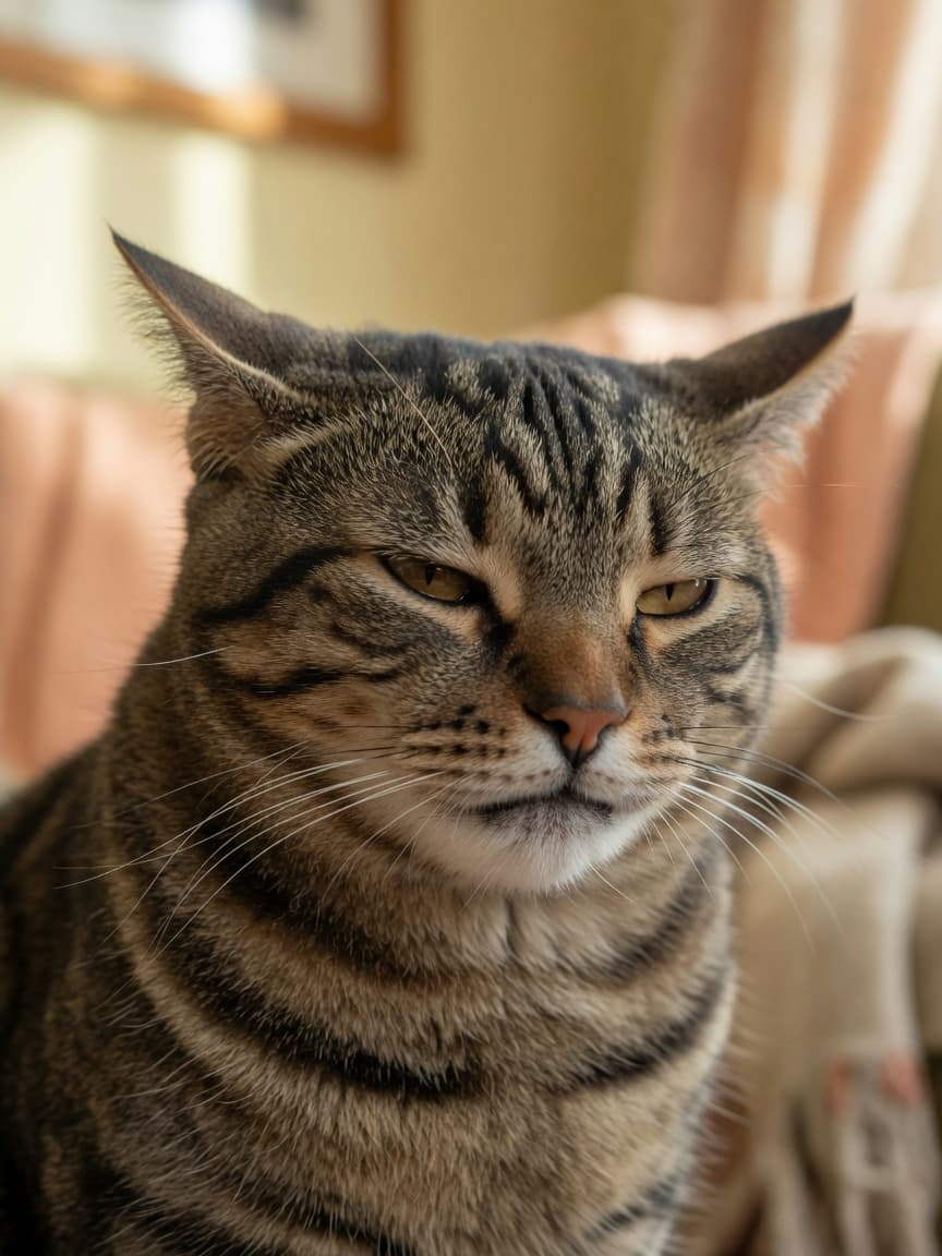 Close-up of a tabby cat's face showing pain signs: squinted eyes, flattened ears, tense muzzle, and pulled-back whiskers in natural window light