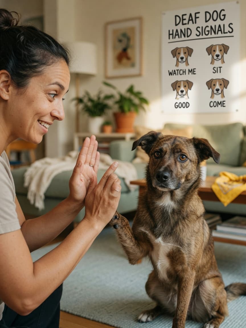 Dog trainer using clear hand signals to communicate with a deaf dog during a positive training session indoors