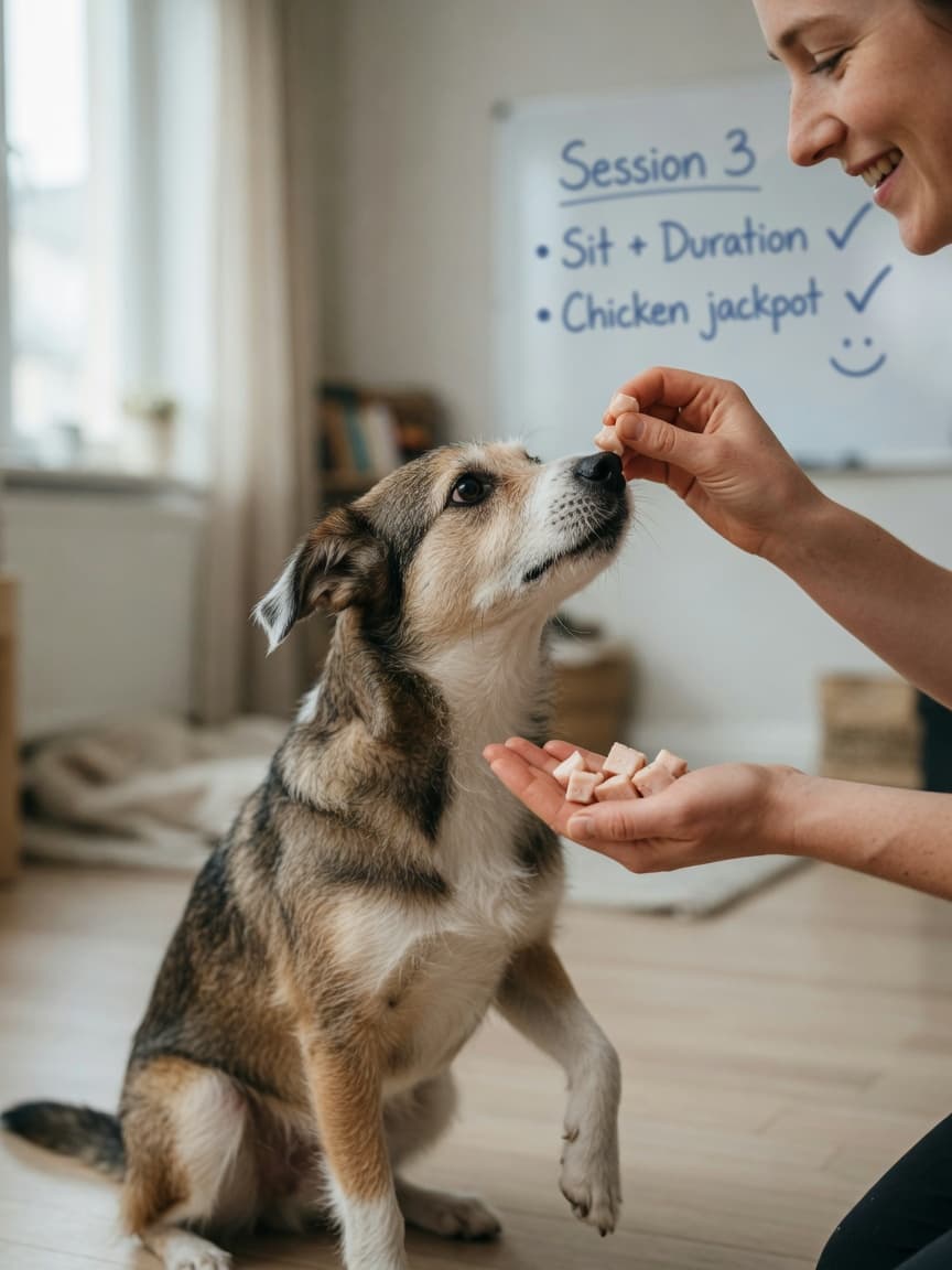Dog trainer's hands guiding a dog into sit position using treat luring during force-free positive reinforcement training