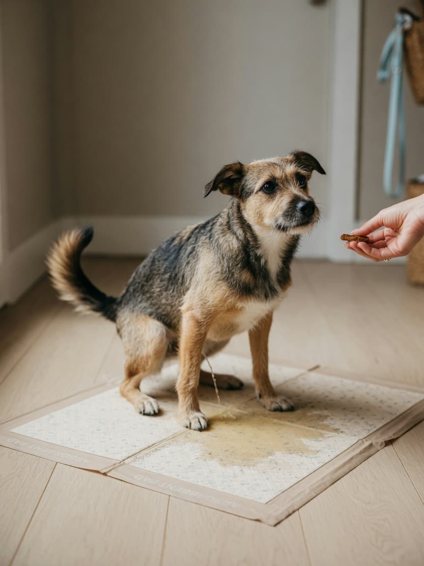 Dog successfully using a pee pad indoors while receiving positive reinforcement from owner's hand offering a treat