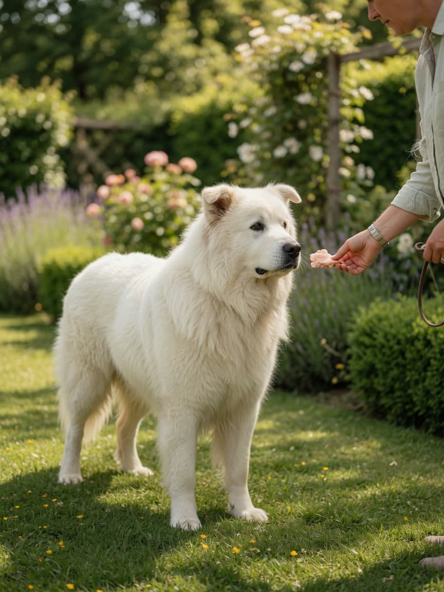 A Great Pyrenees receiving a treat reward during an outdoor positive reinforcement training session