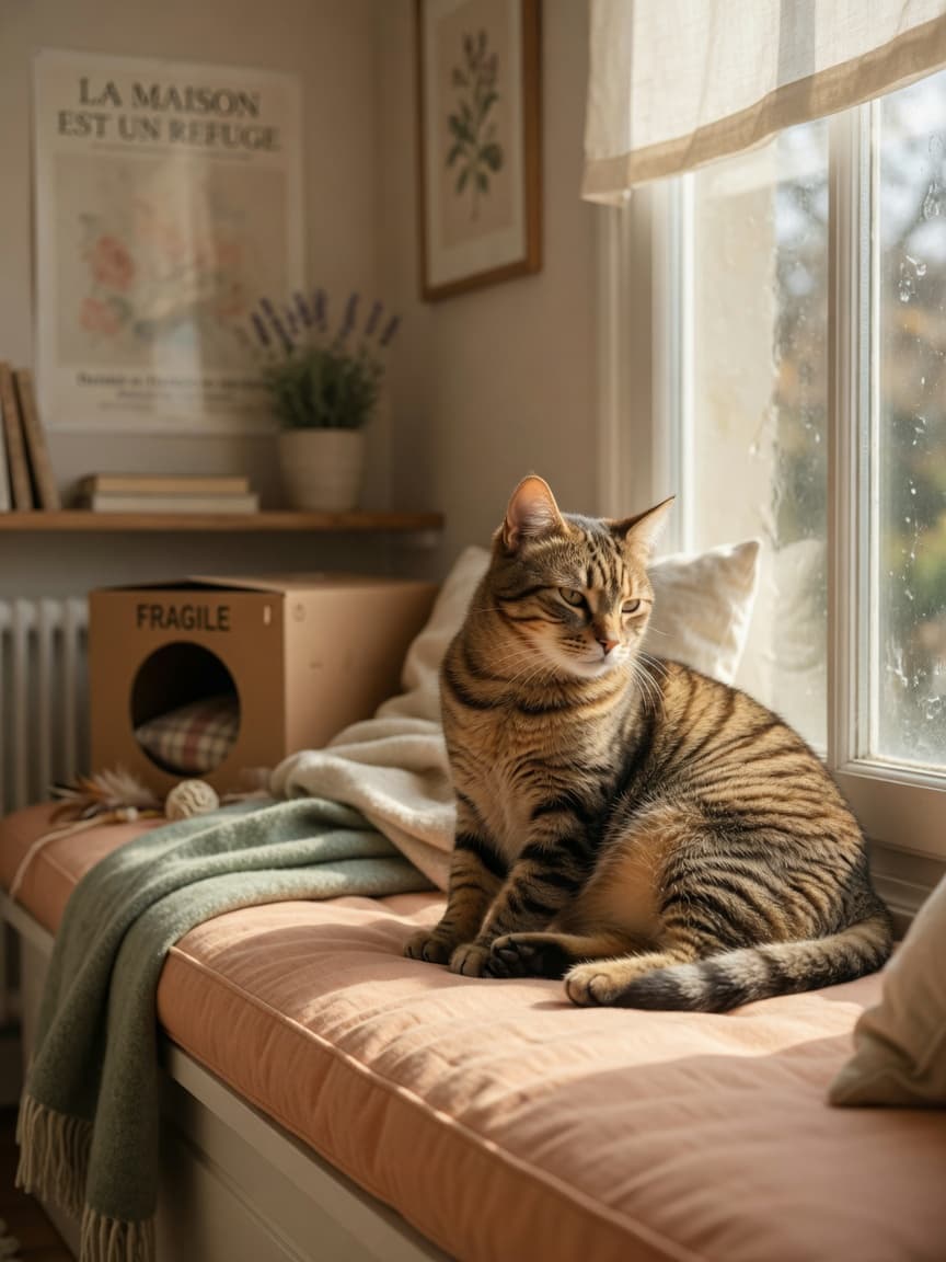A calm tabby cat relaxing on a sunny window seat in a cozy, safe home environment