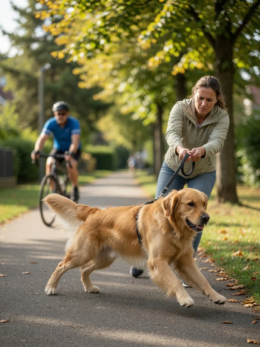 Golden retriever lunging toward a cyclist on a walk while owner holds leash firmly