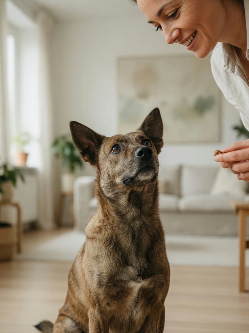 A dog making focused eye contact with its owner during an indoor training session, demonstrating attentive behavior.