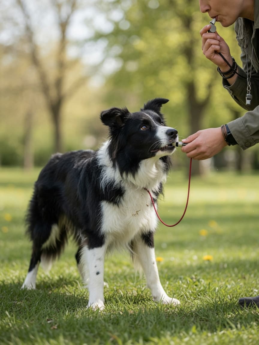 Dog in training outdoors with handler blowing whistle, dog alert and attentive
