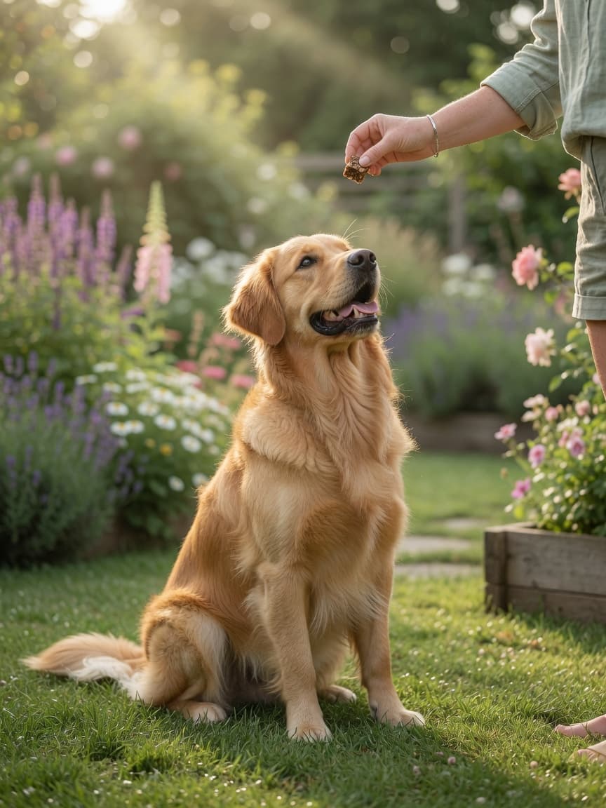 Golden retriever sitting attentively in a garden, watching owner's hand with training treat overhead
