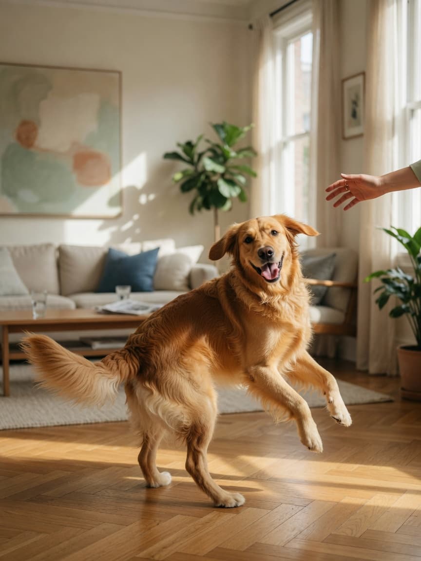 Golden retriever spinning in a circle during trick training with owner's hand guiding the motion