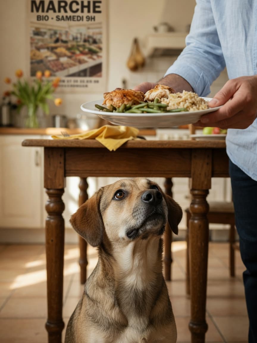 A dog with floppy ears and brown eyes gazes pleadingly upward at a dinner plate held above the dining table, illustrating typical begging behavior.