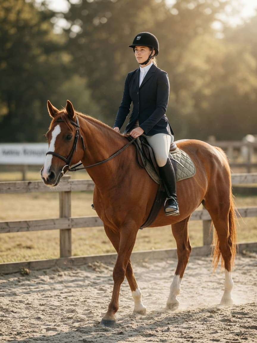 Confident rider demonstrating proper bareback riding posture on a chestnut horse in a sandy arena