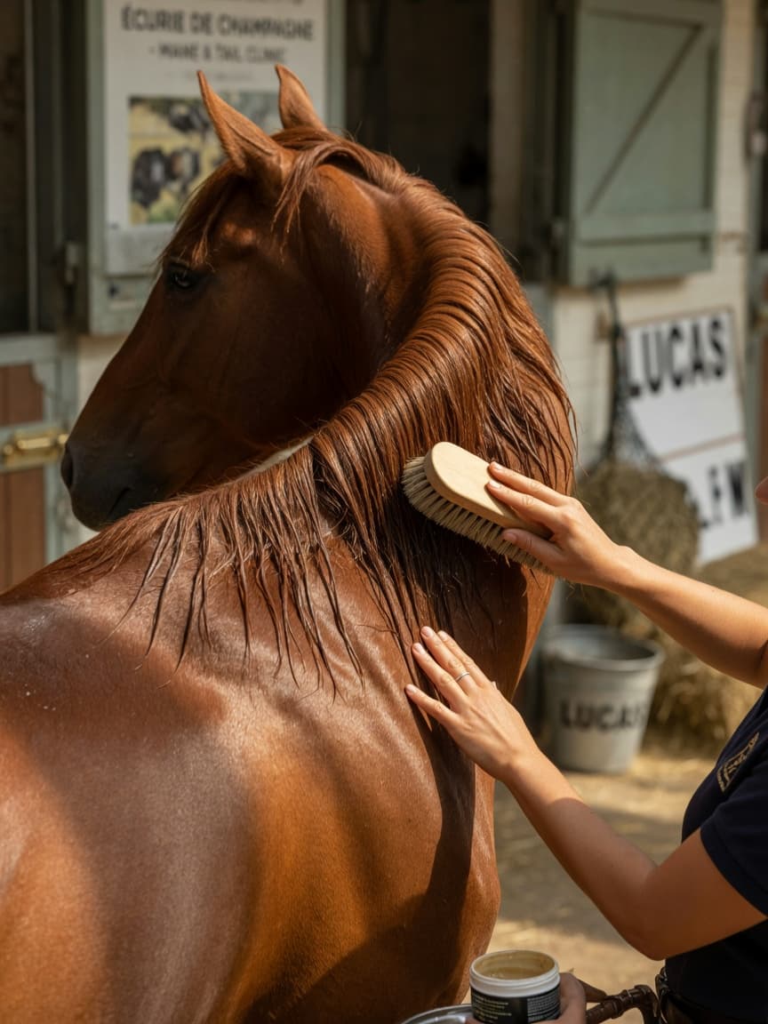 A chestnut horse having its mane trained to lie flat on one side by a handler using a soft brush and styling product