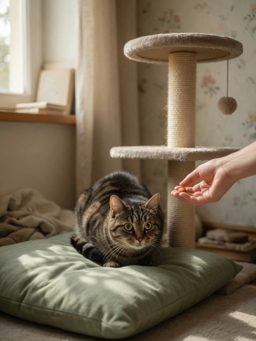 A frightened tabby cat crouching in a safe corner space, with a human hand gently offering a treat at a respectful distance