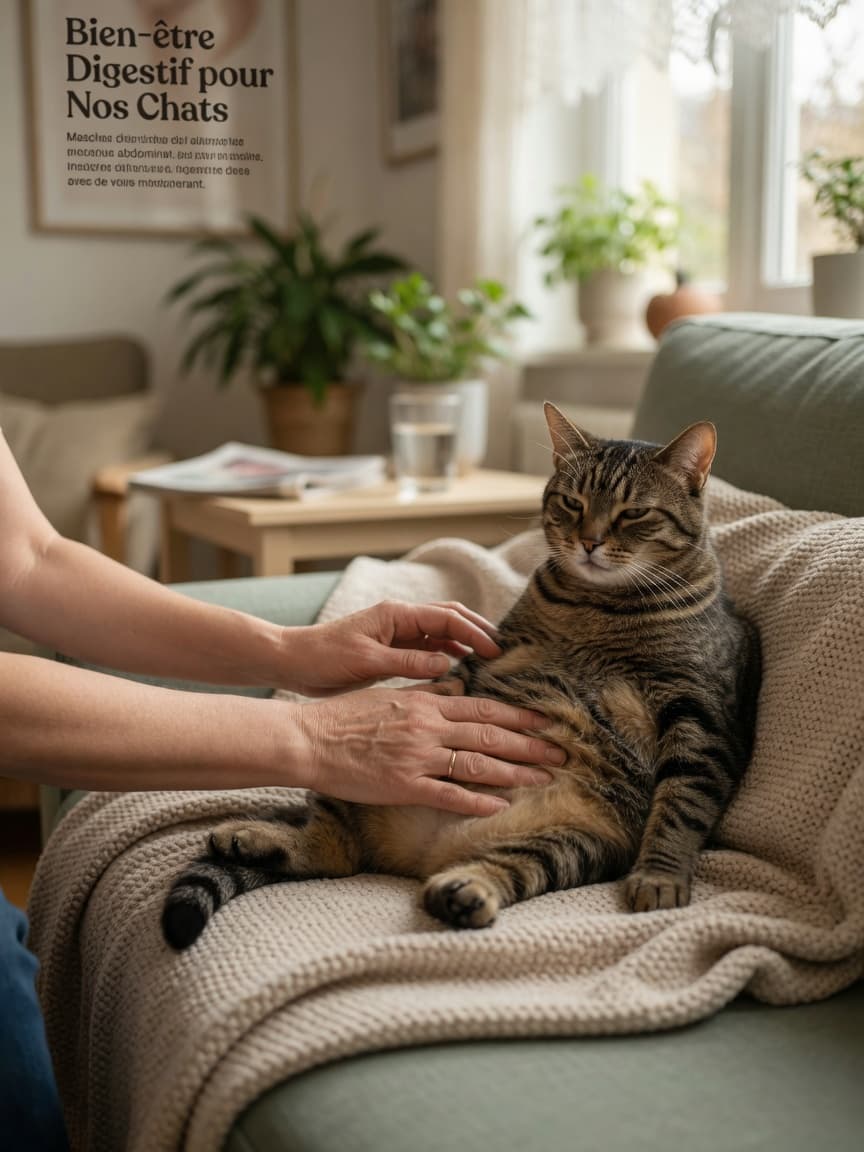Cat owner performing gentle clockwise abdominal massage on tabby cat to relieve constipation