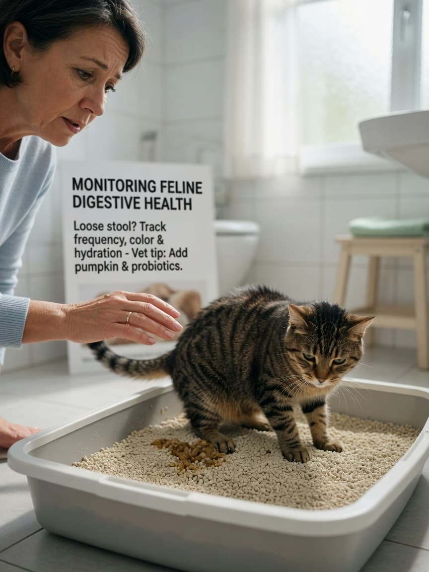 Cat owner monitoring their tabby cat in a litter box showing signs of digestive discomfort, with caring attention and natural home lighting