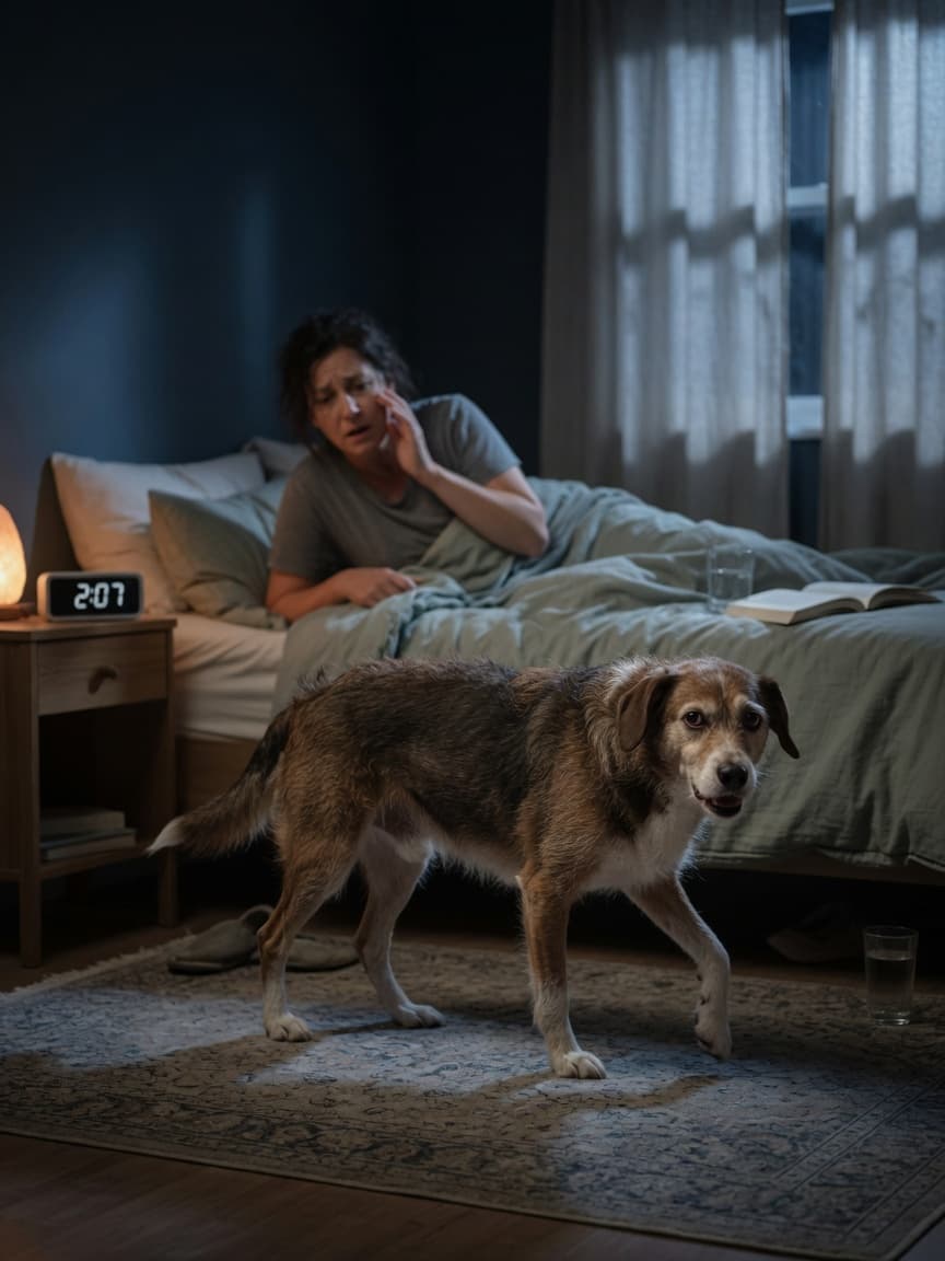 A restless dog pacing in a darkened bedroom at night, appearing anxious and unable to sleep, demonstrating canine insomnia