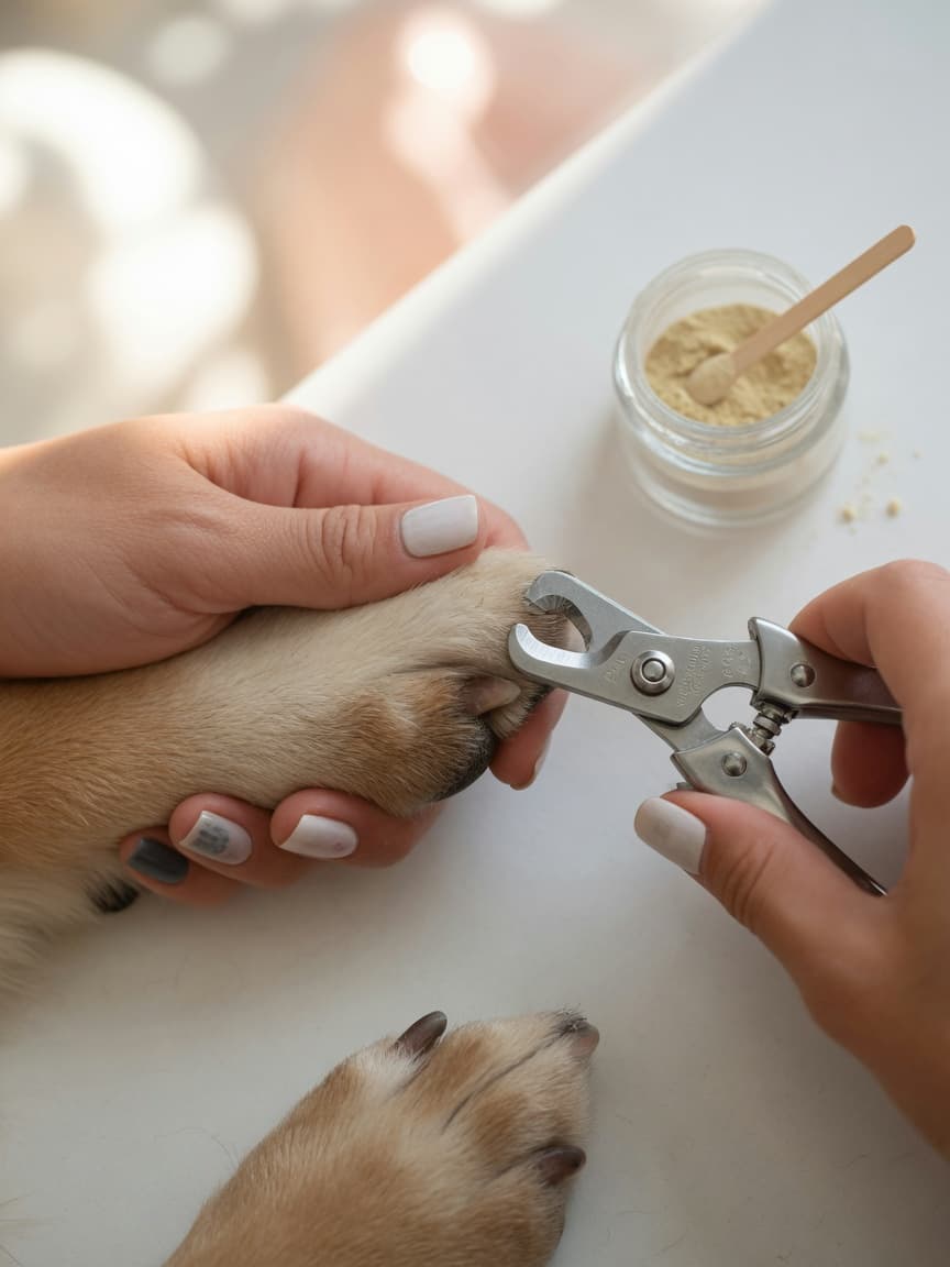 Close-up of dog nail trimming showing clippers positioned at correct angle with styptic powder nearby