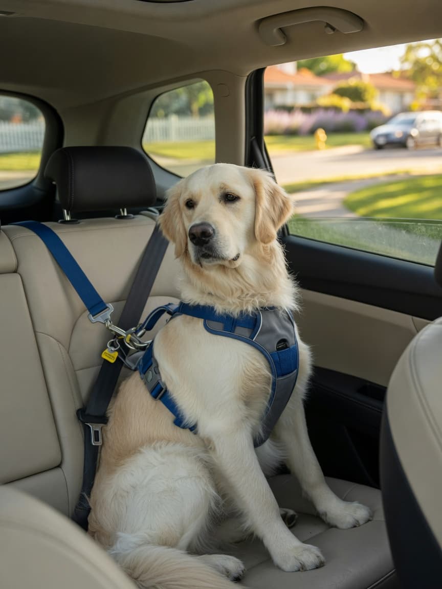 Golden Retriever wearing a blue and grey car harness, securely fastened in a vehicle back seat