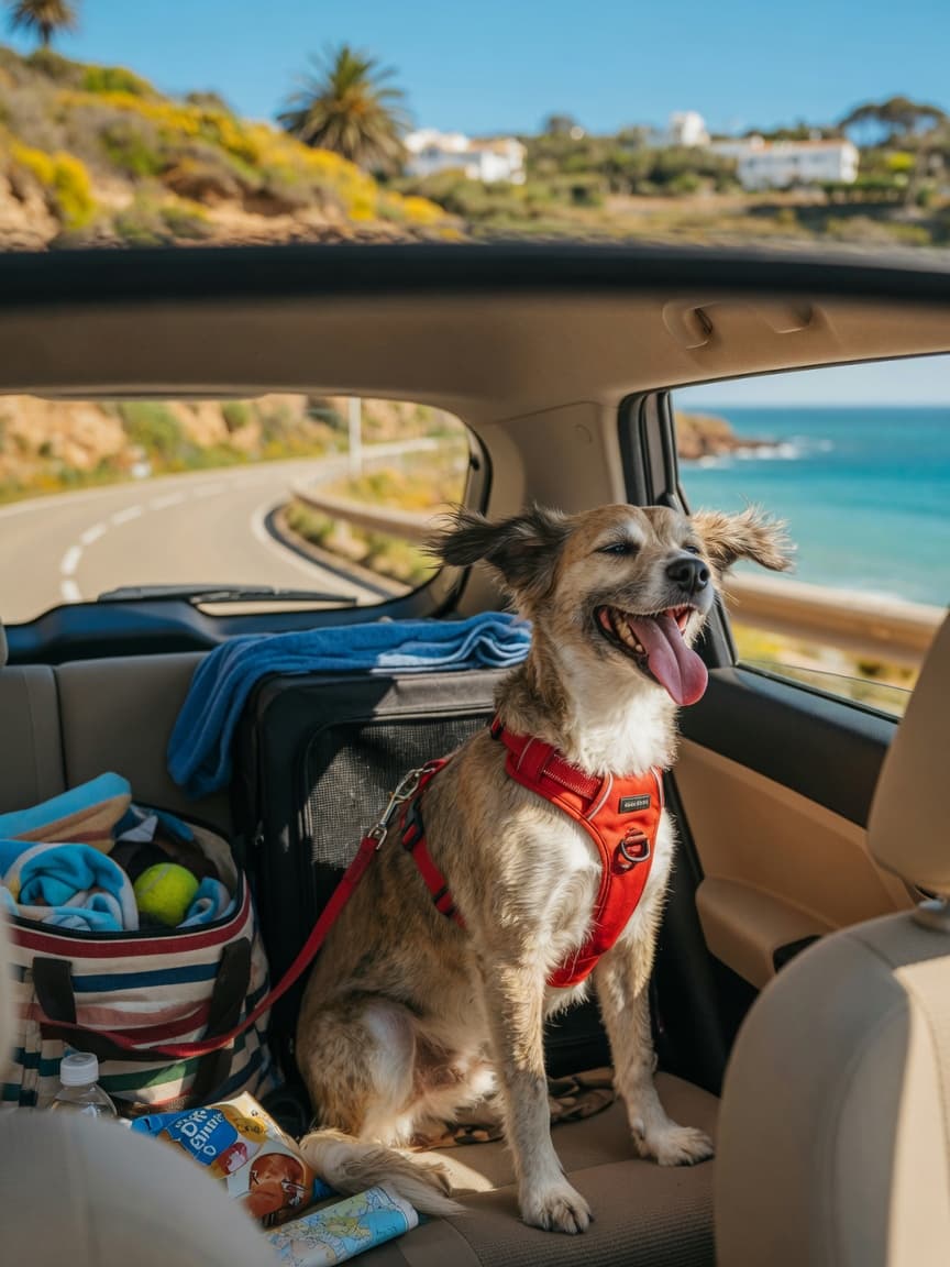 Happy dog with head out of car window during vacation travel, wearing secure harness