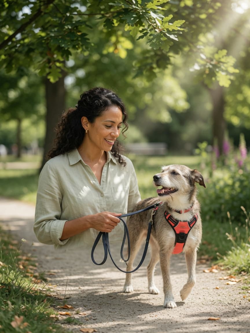 Owner and dog walking together on a tree-lined park path with loose lead and good walking posture