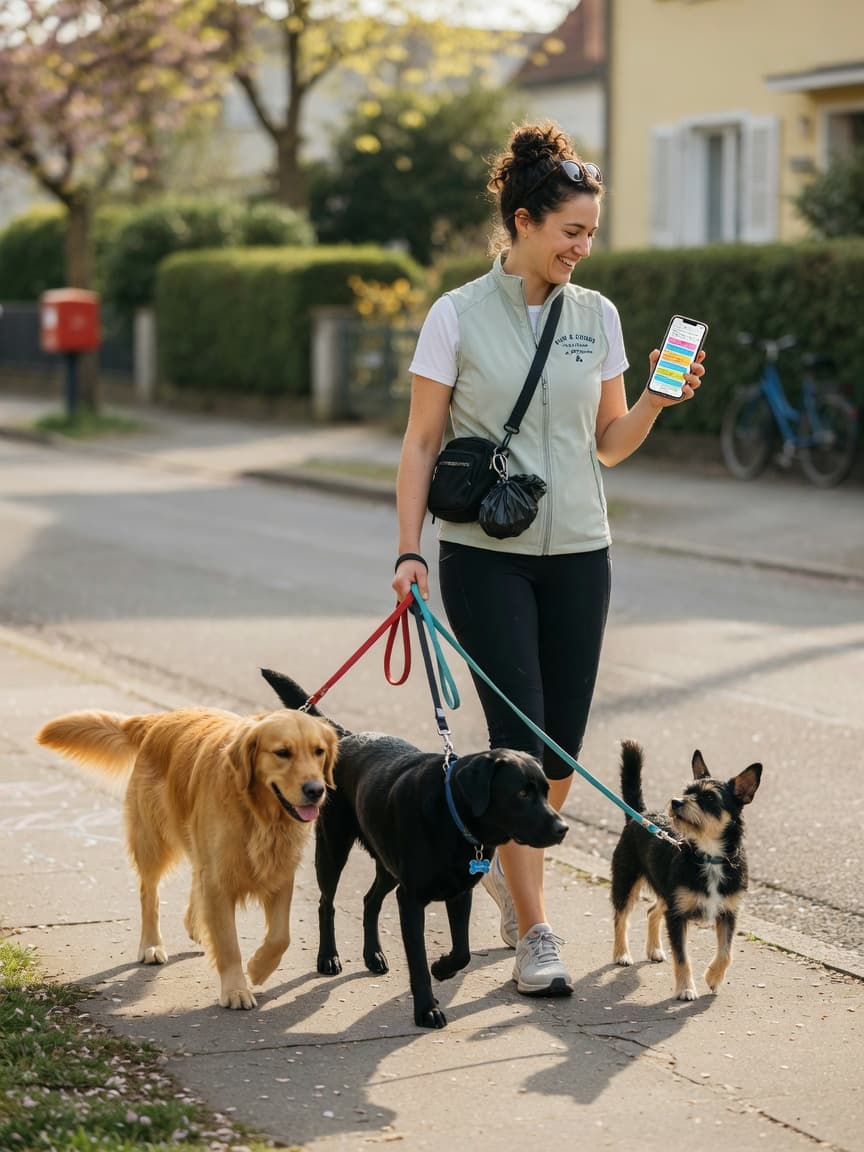 Professional dog walker managing three dogs on a sunny suburban street while checking schedule
