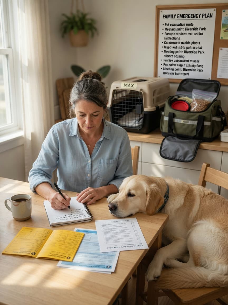 Woman writing a pet care plan at home with her golden retriever beside her