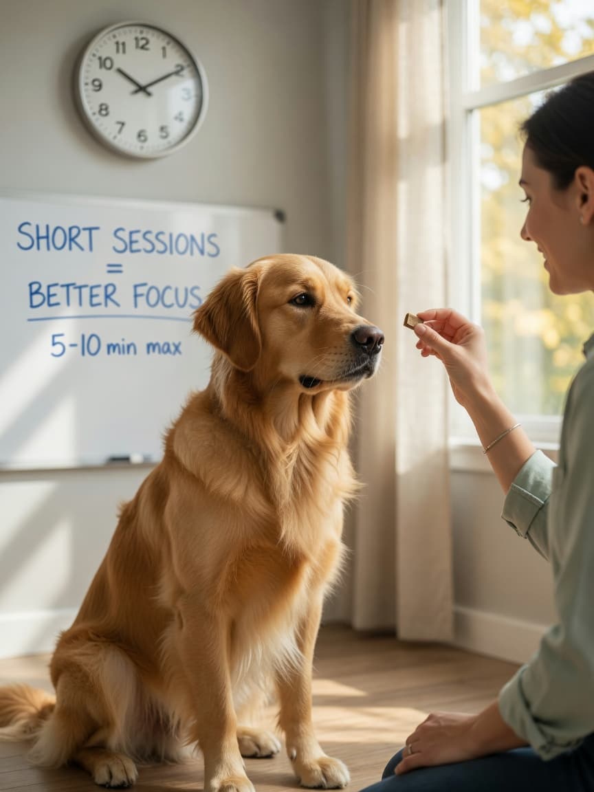 A Golden Retriever sits attentively during a training session, facing a trainer with a small treat, demonstrating focused learning in a brief, effective training moment.