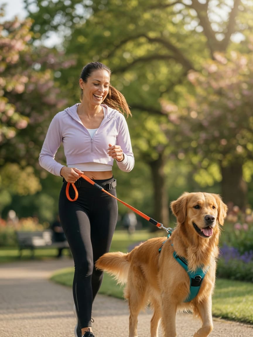 Owner jogging with energetic golden retriever in sunny park