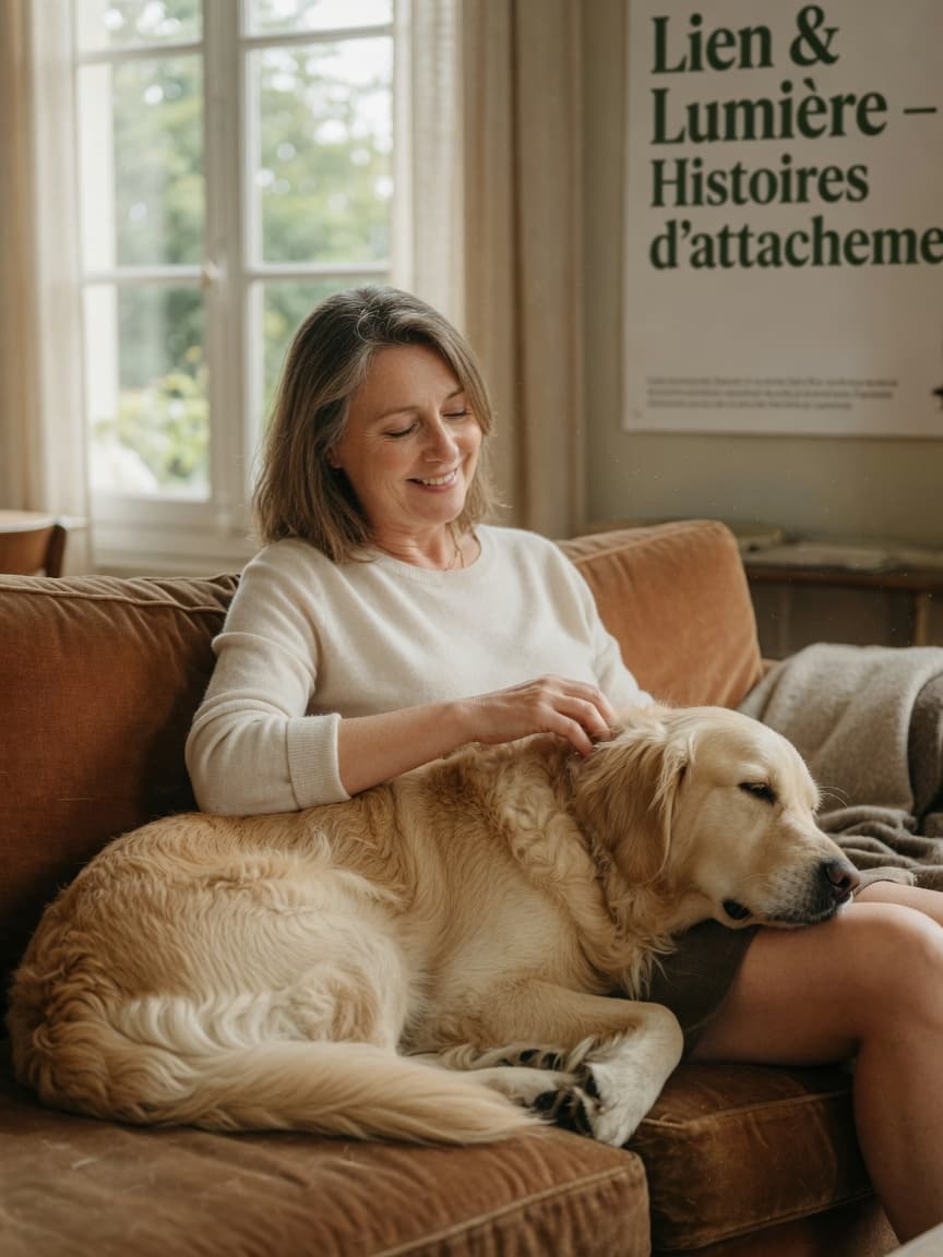 Woman and golden retriever bonding on a couch, showing the emotional connection of the human-animal bond