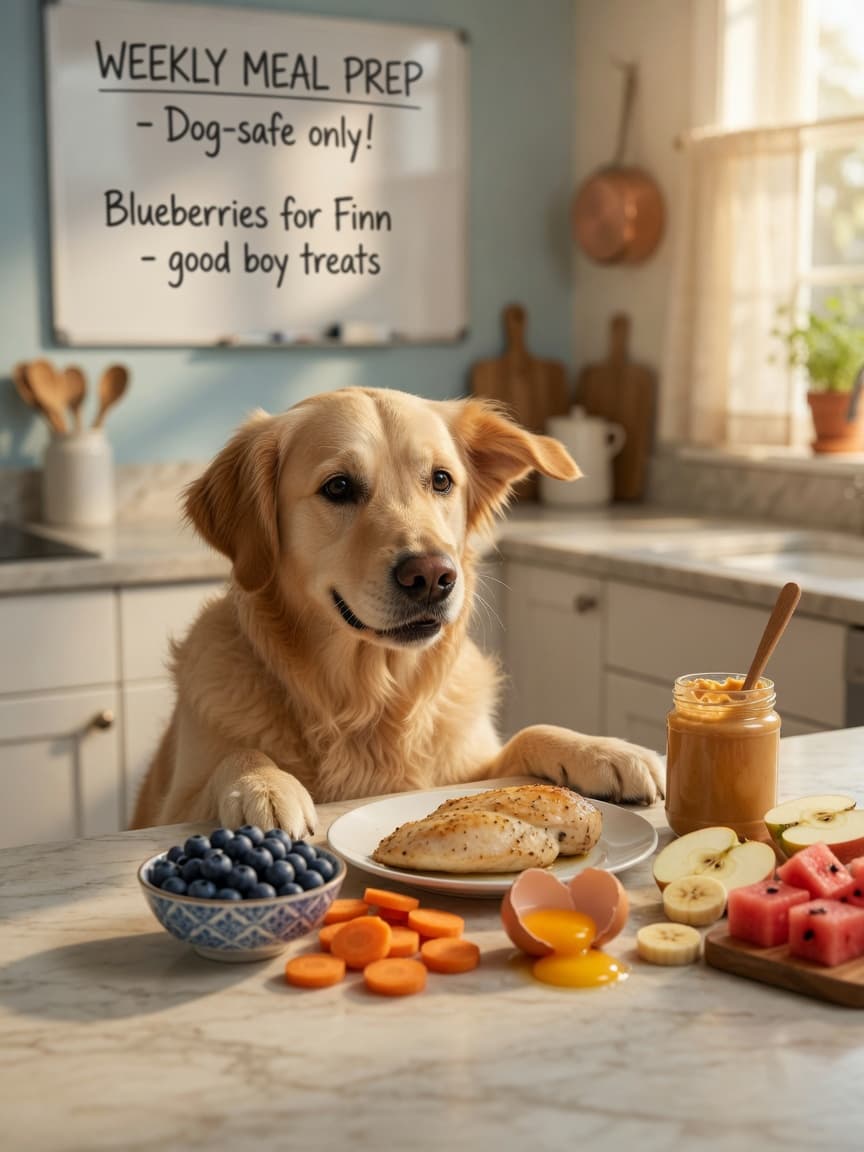Golden retriever eagerly looking at a variety of safe human foods arranged on a kitchen counter including blueberries, carrots, chicken, eggs, peanut butter, apples, bananas, and watermelon in natural light