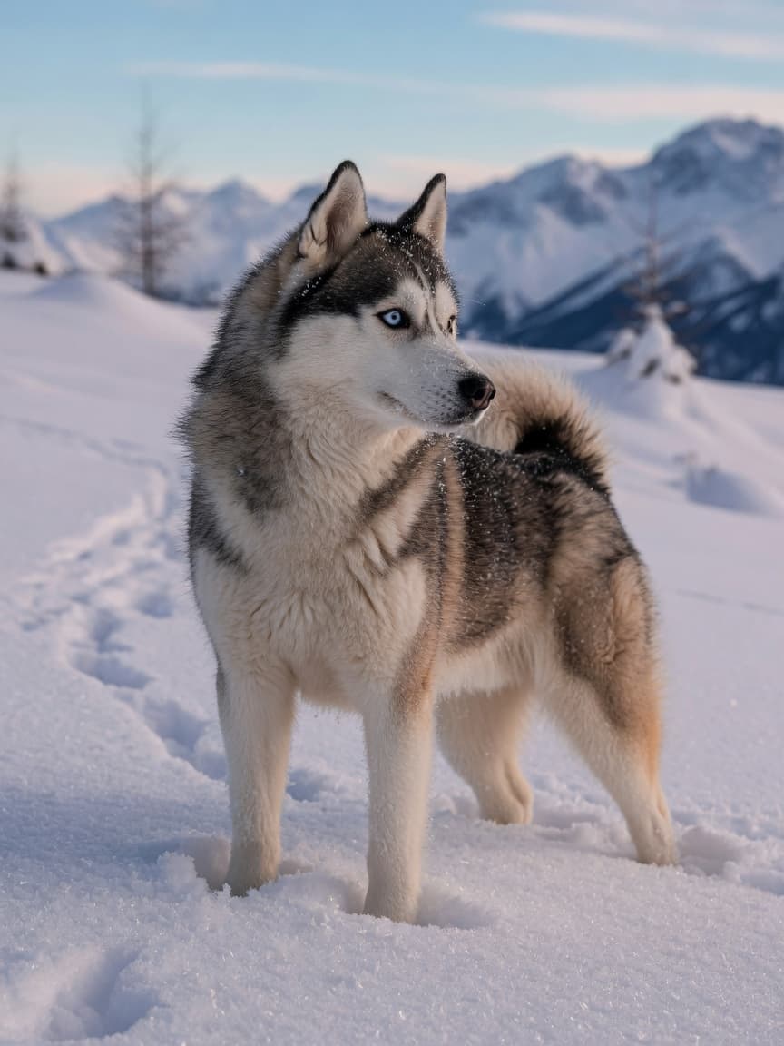 Siberian Husky standing in snow with mountains in background, showing breed's athletic build and thick double coat
