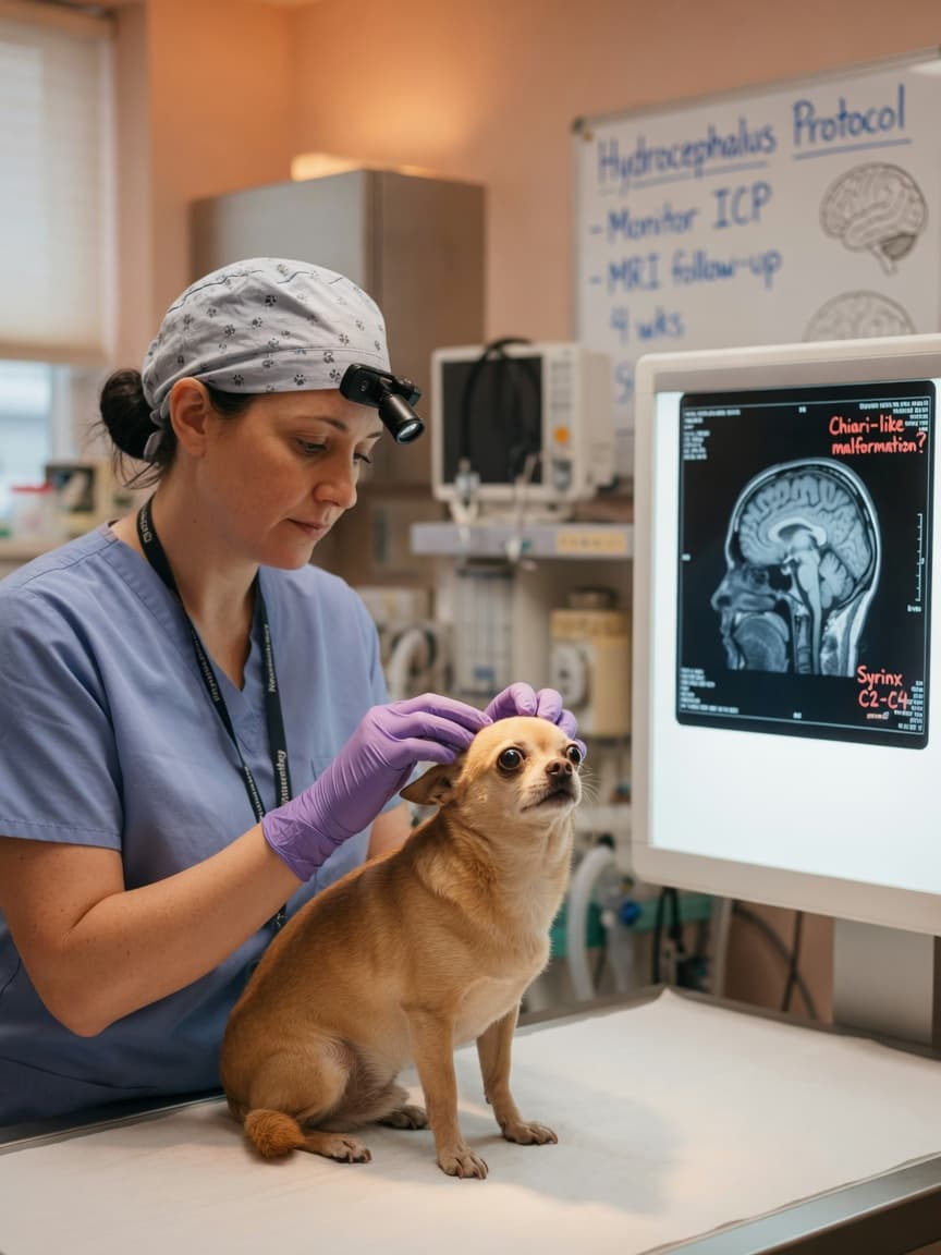 Veterinarian examining a small Chihuahua's head during neurological evaluation for hydrocephalus