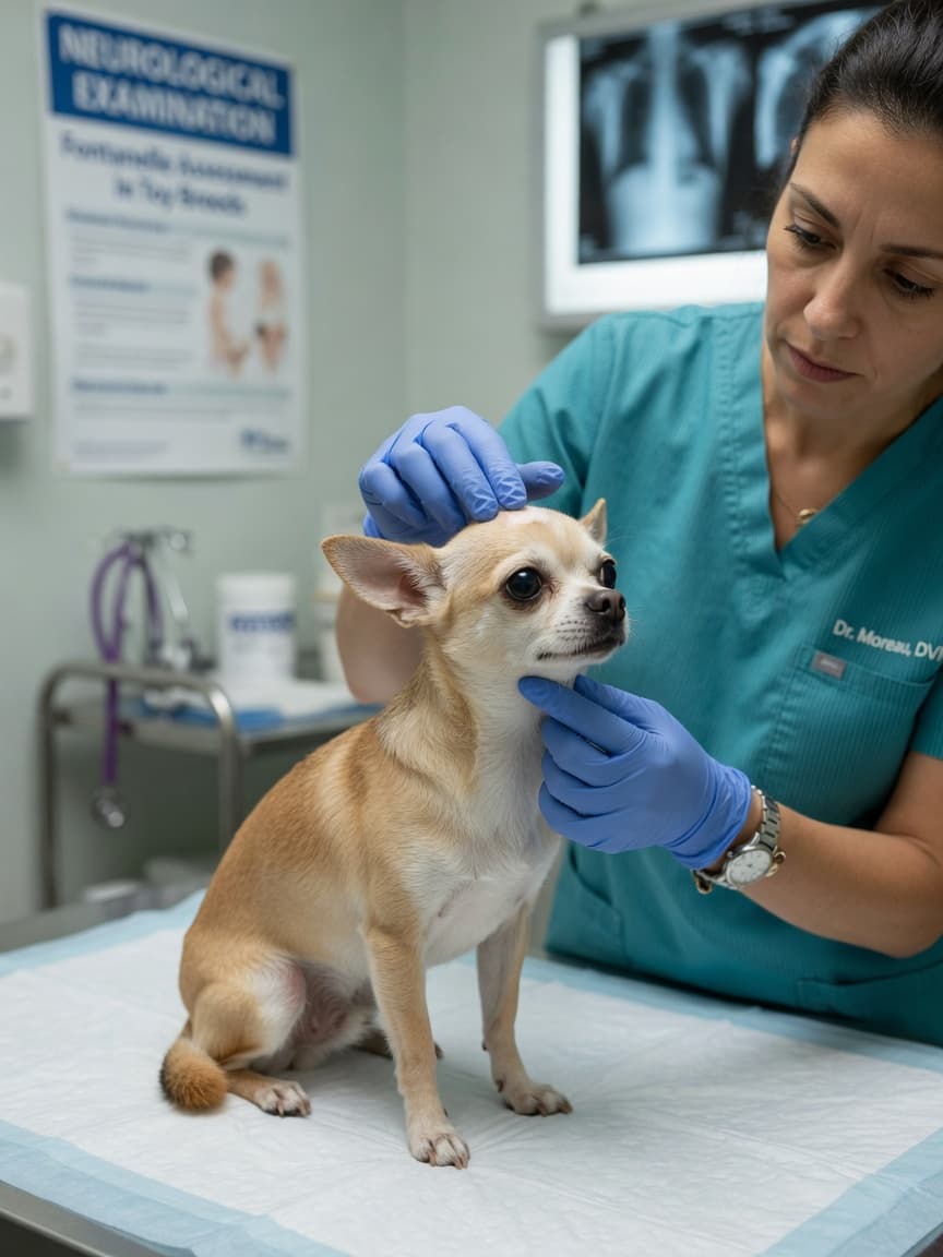 Veterinarian examining a small Chihuahua's domed skull to assess for hydrocephalus, checking the soft fontanelle on top of the dog's head during clinical examination