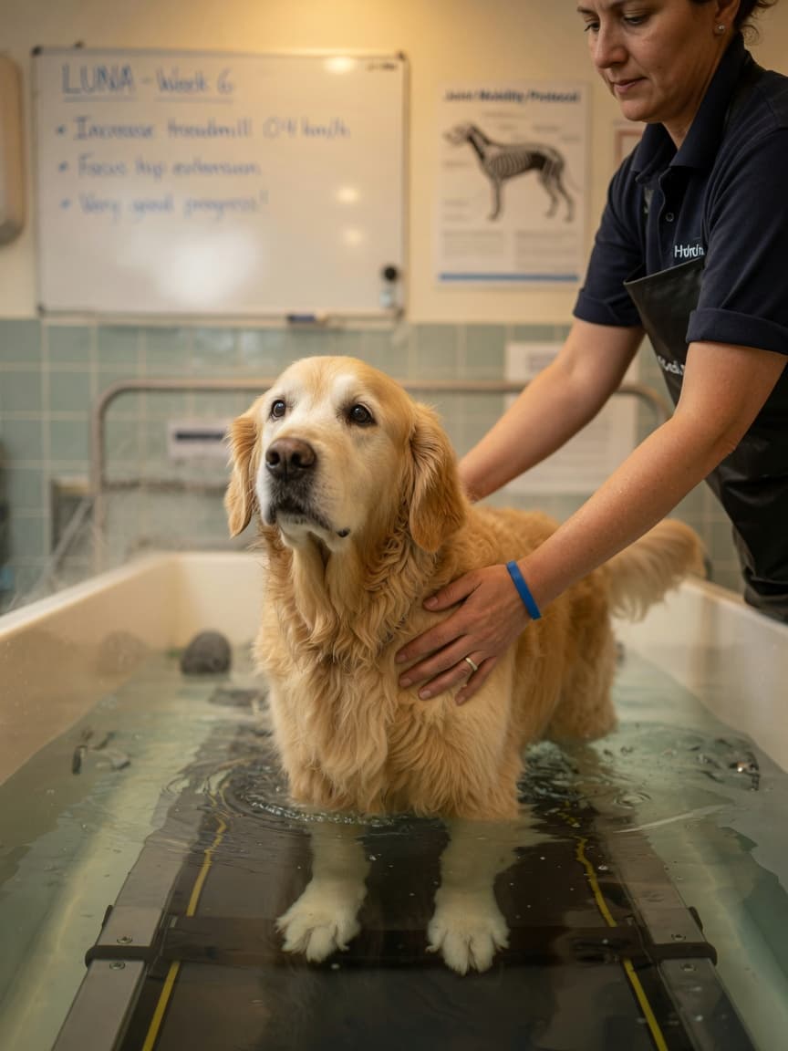 Senior Golden Retriever standing in warm hydrotherapy pool with therapist's supportive hands guiding movement on underwater treadmill