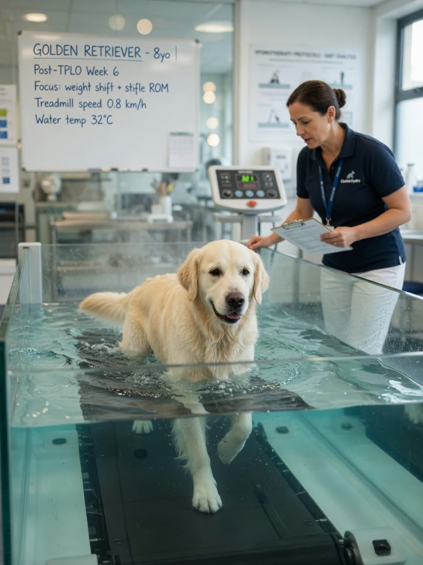 Golden retriever walking on underwater treadmill in warm water at a professional canine hydrotherapy facility