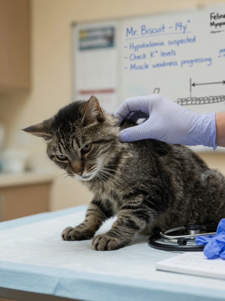 Senior cat with drooping head and neck weakness being examined by veterinarian, showing cervical ventroflexion symptoms of hyperaldosteronism