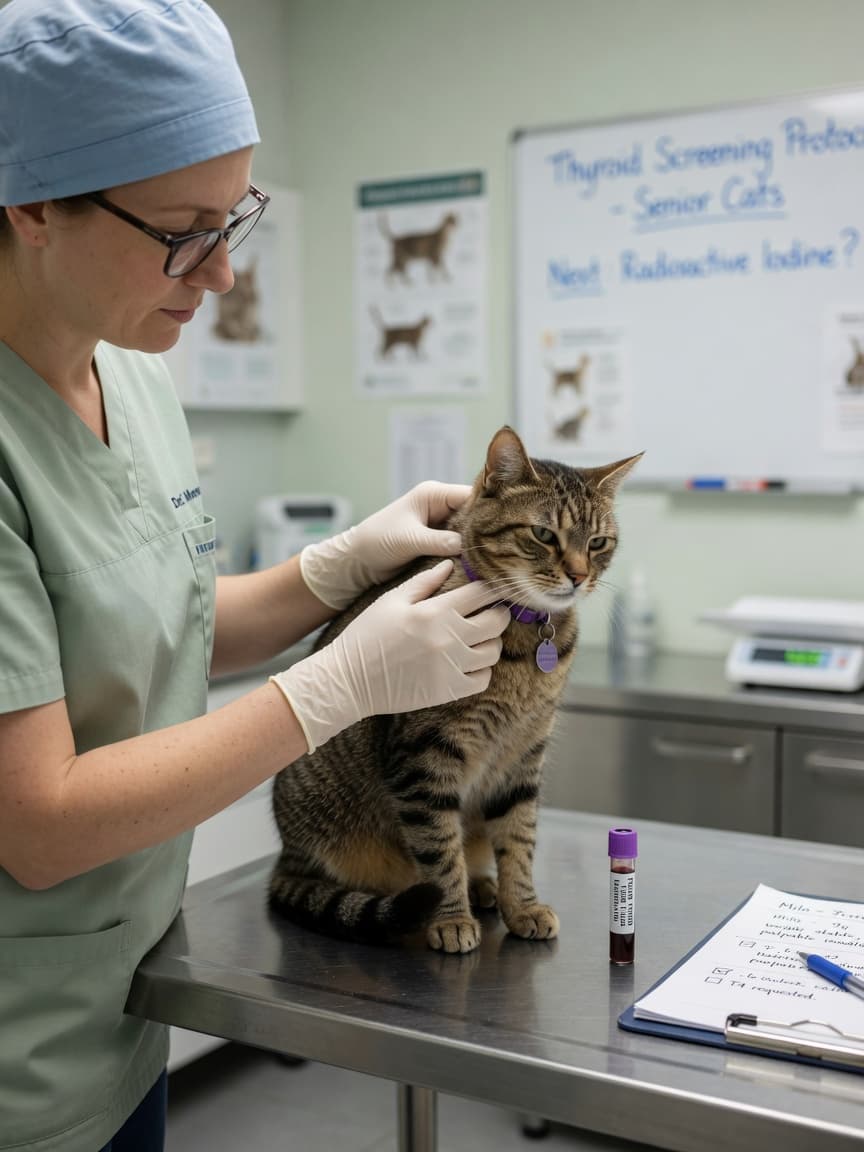 Veterinarian examining a cat's neck during a clinical examination with a blood sample vial on the table