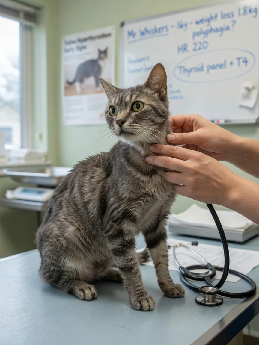 Senior grey tabby cat undergoing thyroid palpation examination by veterinarian, visibly thin with alert expression