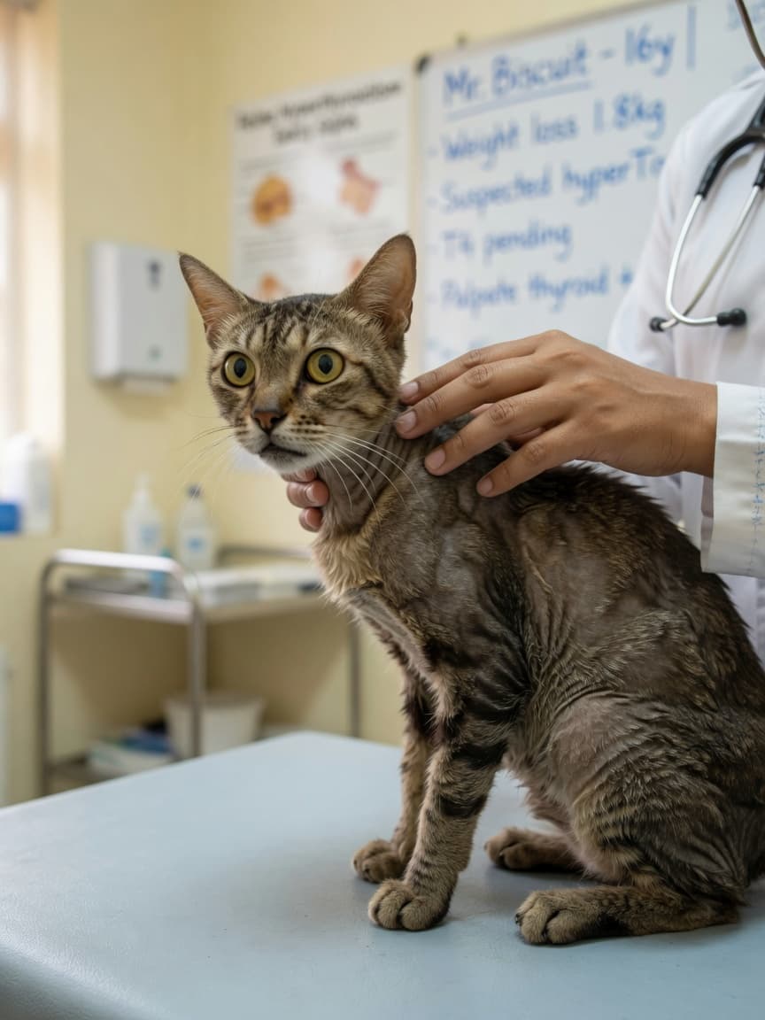 Senior tabby cat being examined by veterinarian who is palpating the neck area to check for thyroid enlargement during hyperthyroidism diagnosis
