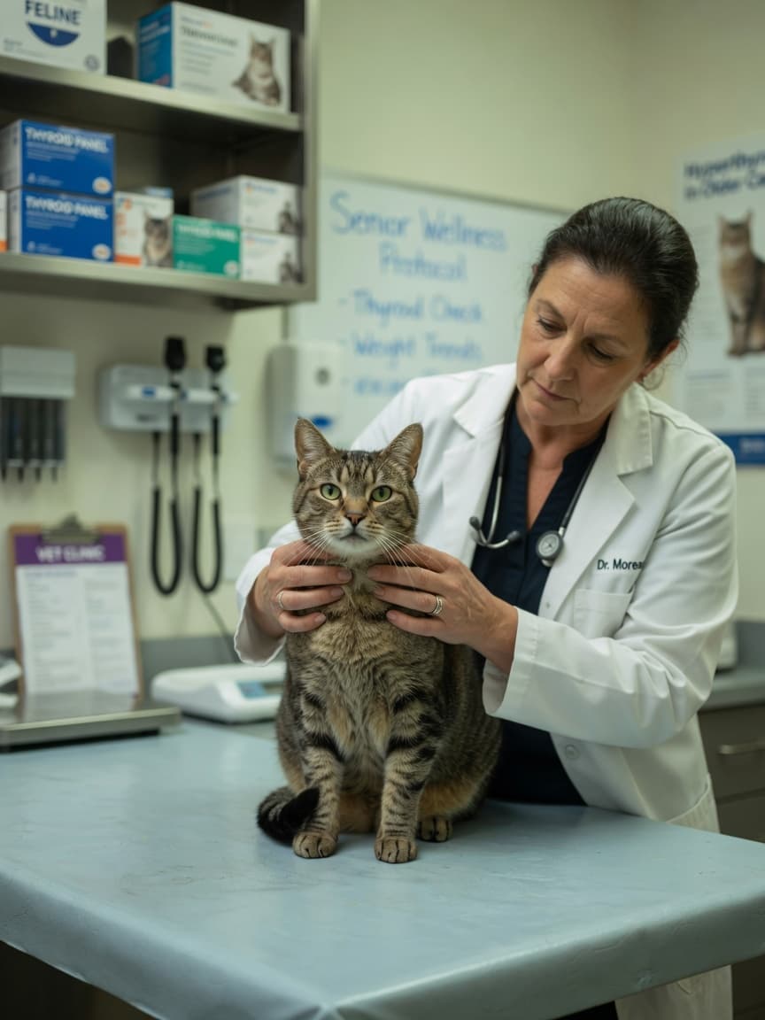 Senior tabby cat being examined by a veterinarian who is carefully palpating its neck to assess thyroid function
