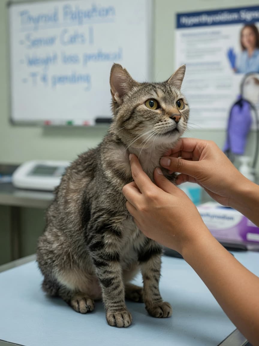 Veterinarian examining senior tabby cat's thyroid gland during examination