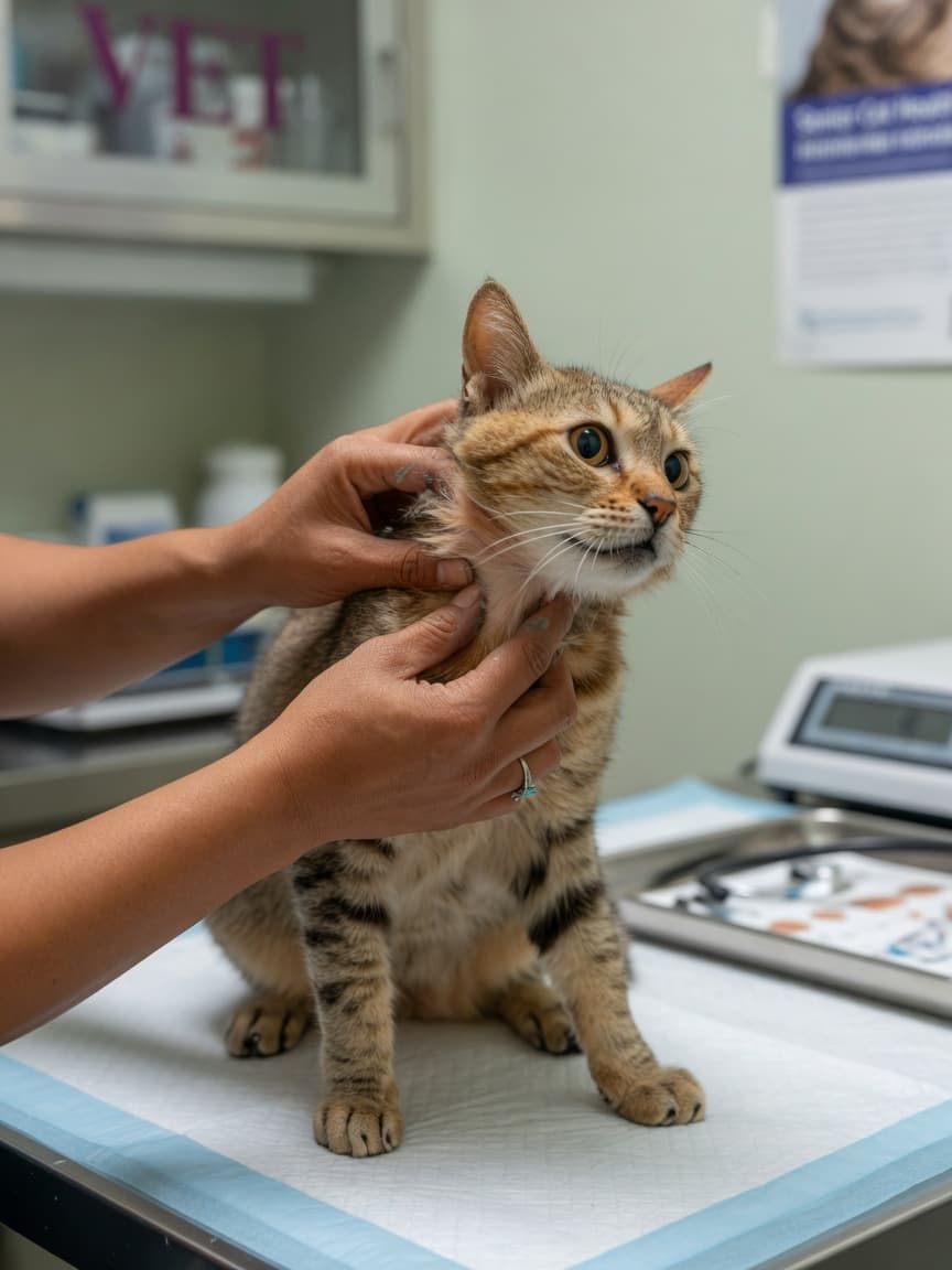 Veterinarian examining a senior tabby cat's thyroid during a clinical examination