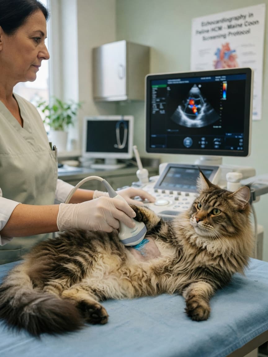 Veterinary cardiologist performing echocardiogram on Maine Coon cat in clinic