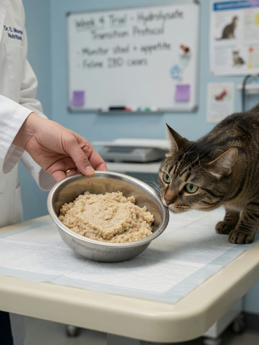 Veterinarian placing a specialized hypoallergenic cat food bowl on an examination table while a tabby cat sniffs it curiously