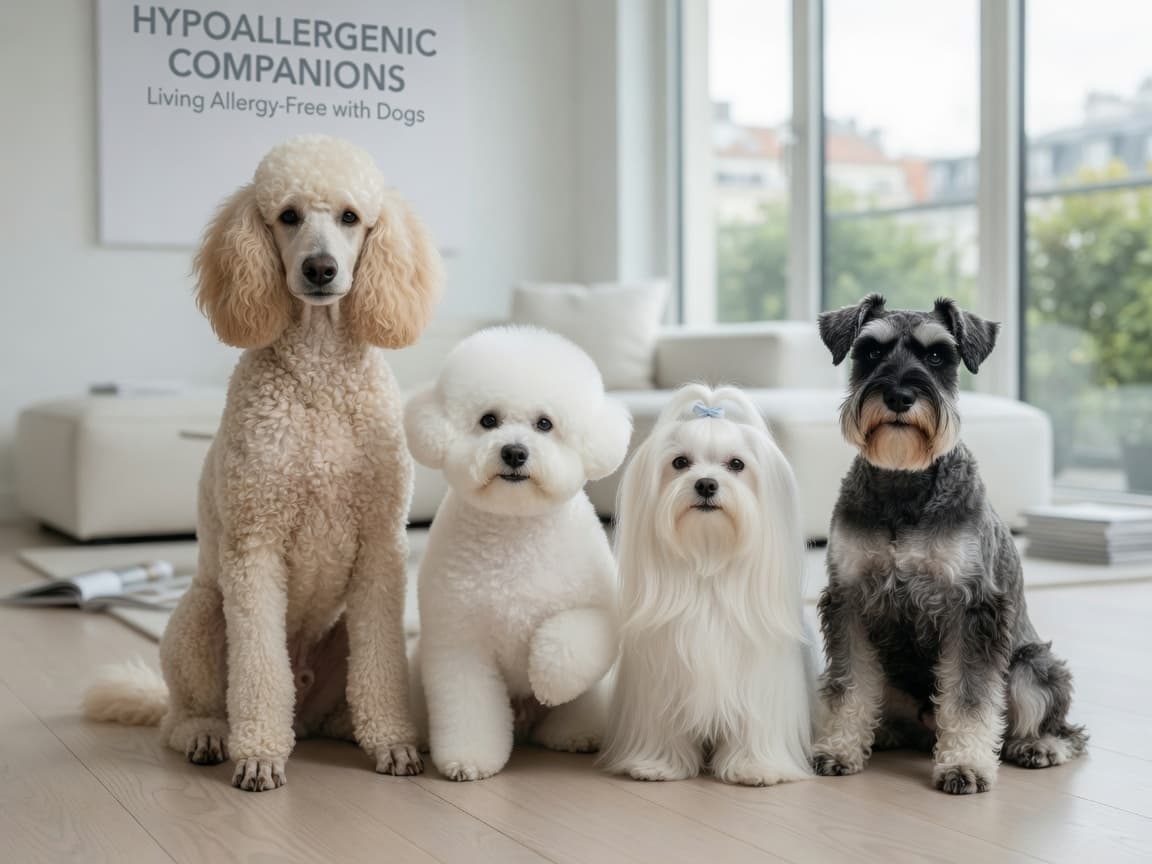 Four hypoallergenic dog breeds - Poodle, Bichon Frisé, Maltese, and Schnauzer - sitting together on a wooden floor in a sunlit living room