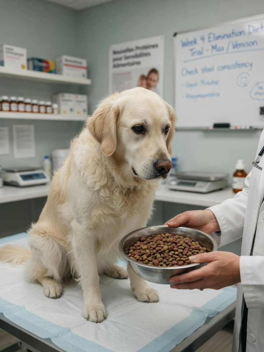 Veterinarian presenting hypoallergenic dog food to an attentive golden retriever during a consultation